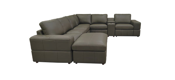 English Elm Premium Leather Match Sectional with Dual Recliners Square Arms and Console Storage Olive Green B2748S00142