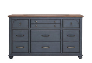 English Elm 9-Drawer Corduroy Blue Dresser, Fully Assembled, Rubberwood & Birch, Soft-Close Felt-Lined Drawers B108P193083