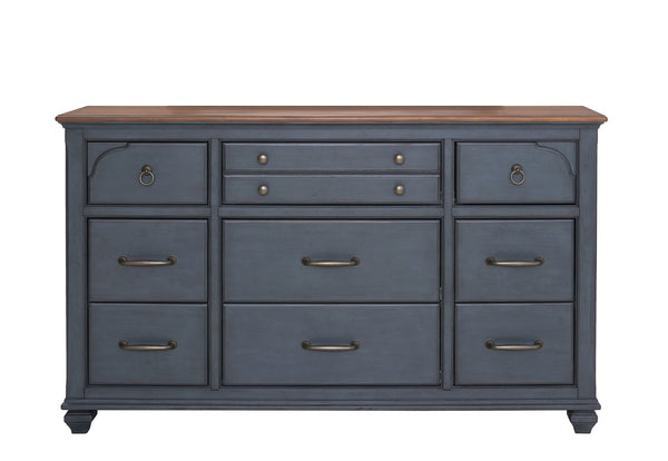 English Elm 9-Drawer Corduroy Blue Dresser, Fully Assembled, Rubberwood & Birch, Soft-Close Felt-Lined Drawers B108P193083