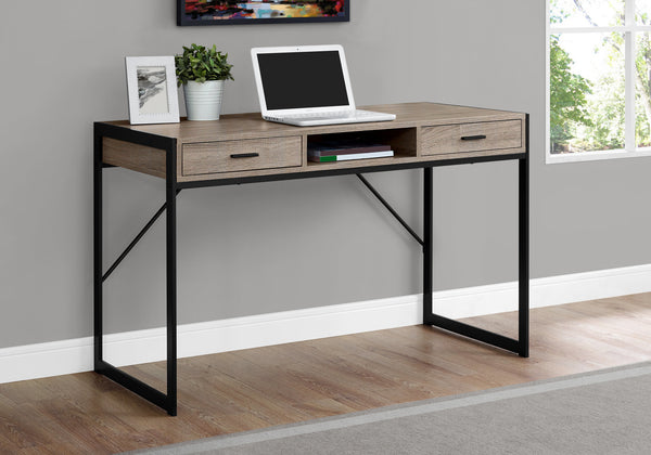 English Elm Computer Desk with 2 Push-Drawers, Open Shelves & Black Metal Legs — Compact Modern Workstation taupe 50 L x 25 W x 5 H B2710P219717