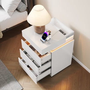 English Elm Nightstand with Rgb Led Lighting and Charging Hub Three Drawer Sleek Modern Bedside Ameican White Oak W5221P422262