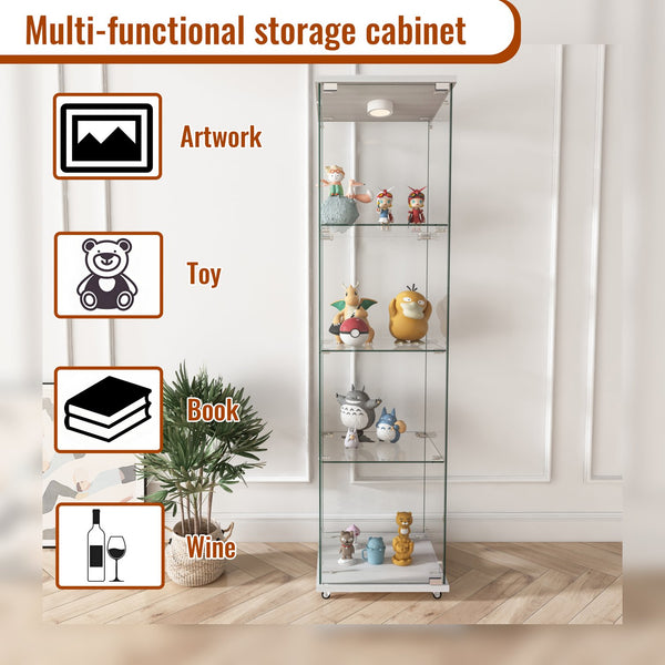 English Elm Modern Glass Display Cabinet With Led Lighting - Stylish 1-Door 4-Shelf Unit For Home & Office Use W241P242916