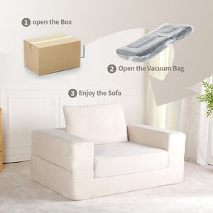 English Elm Compression Human Dog Sofa Bed 3-in-1 Folding Corduroy Floor Couch with Memory Foam Pillow for Living Room Beige W3723P376787