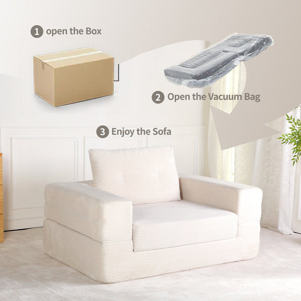 English Elm Compression Human Dog Sofa Bed 3-in-1 Folding Corduroy Floor Couch with Memory Foam Pillow for Living Room Beige W3723P376787