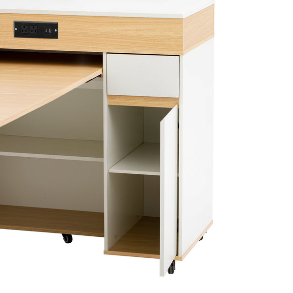 English Elm Trexm Rolling Kitchen Island Extendable Marble Top Cabinet Drawers Power Outlet Creamy White,Natural XW000029AAN