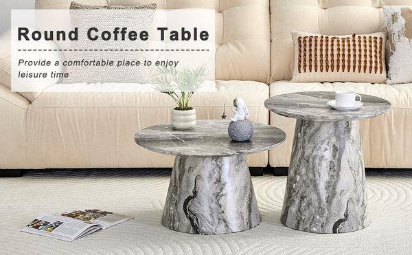 English Elm Nested Round Coffee Table Set with Wood Grain Mdf Top for Modern Living Rooms Grey W2920S00117
