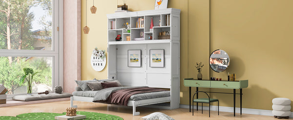 English Elm Queen Murphy Wall Bed Cabinet with Integrated Shelves Usb Charging Space Saving Design White LP006668AAK-1