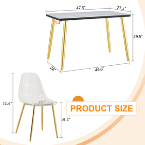 English Elm Table and Chair Set Marble Glass Top Gold Legs Four Seat Dining for Small Spaces Black,Transparent,White+Gold W1151S04654