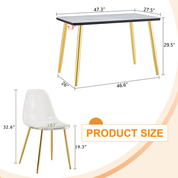 English Elm Table and Chair Set Marble Glass Top Gold Legs Four Seat Dining for Small Spaces Black,Transparent,White+Gold W1151S04654