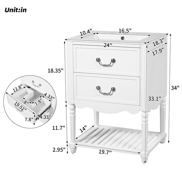 English Elm 24'' Vintage Bathroom Vanity with Ceramic Sink Soft Close Drawers Open Shelf White N710P411237K