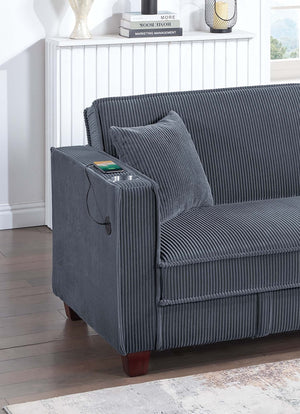 English Elm 1pc Corduroy Convertible Sofa with Storage Base Usb Port Cup Holders Wood Legs Dark Gray B011P430416