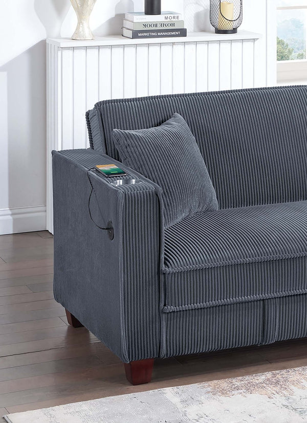English Elm 1pc Corduroy Convertible Sofa with Storage Base Usb Port Cup Holders Wood Legs Dark Gray B011P430416
