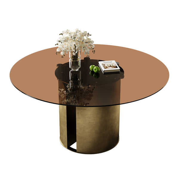English Elm 59-Inch Round Dining Table - Elegant Dark Brown Glass Top With Antique Copper Steel Legs For 6-8 W509S00145
