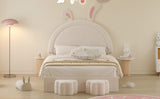 English Elm Full Size Upholstered Rabbit-Shape Bed With 2 Storage Stools, Velvet Platform Bed With Cartoon Ears Shaped Headboard, White