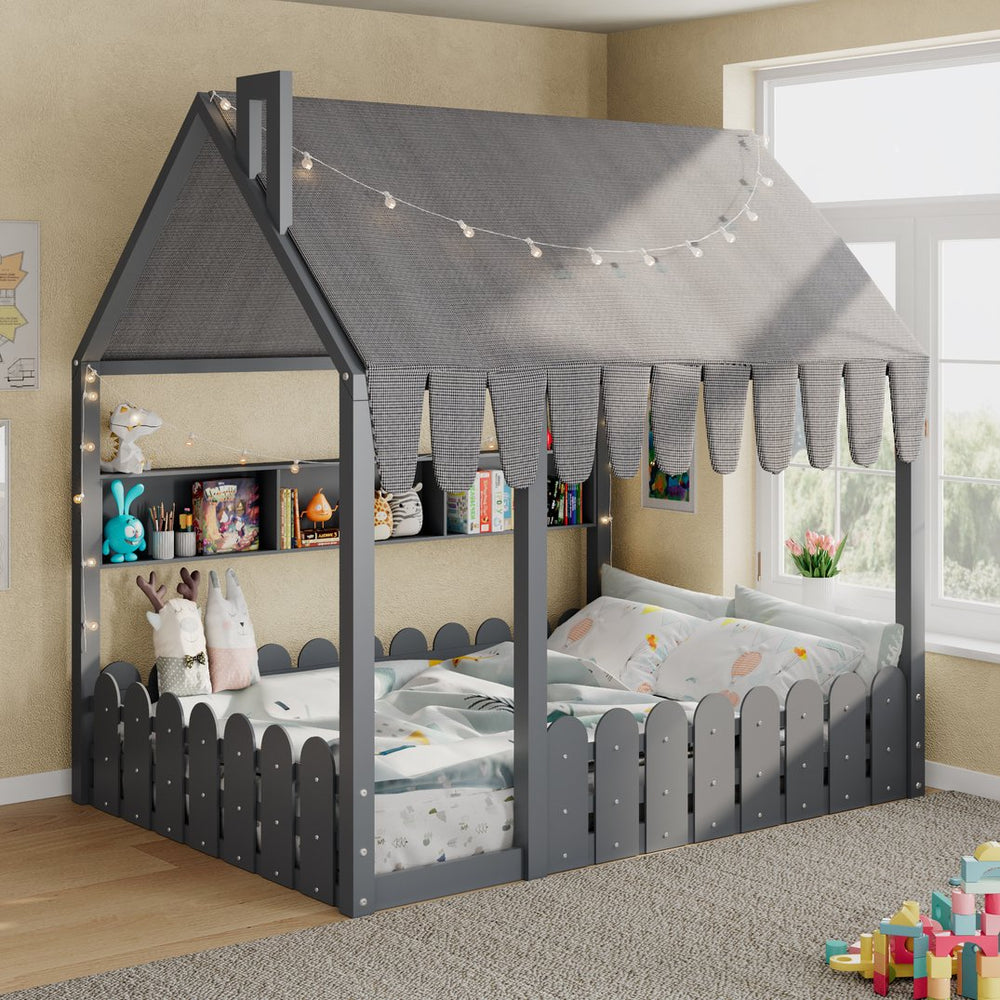 English Elm {slats Are Not Included} Twin Montessori House Floor Bed Kids Tent Lights Shelves Pinewood Frame Gray N708P407963E