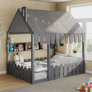English Elm {slats Are Not Included} Twin Montessori House Floor Bed Kids Tent Lights Shelves Pinewood Frame Gray N708P407963E
