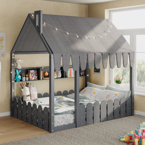 English Elm {slats Are Not Included} Twin Montessori House Floor Bed Kids Tent Lights Shelves Pinewood Frame Gray N708P407963E