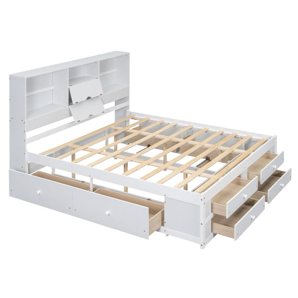 English Elm King Solid Wood Platform Bed with 8 Drawers and Storage Headboard, Durable MDF Frame, 500lb Capacity White GX000454AAK