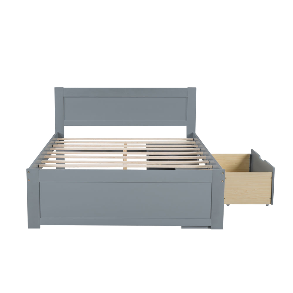 English Elm Full Size Platform Bed with Storage Drawers & Shelves, Gray MDF Construction, 400lb Capacity, Sturdy Design N709P214183E