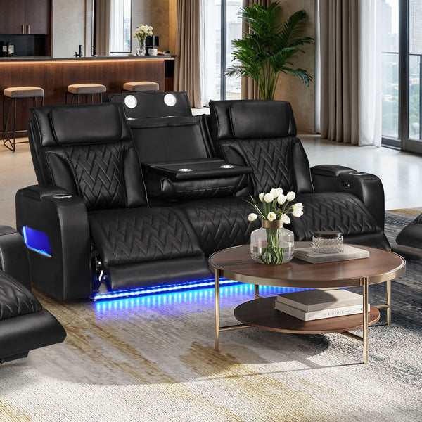 English Elm Jazmina Power Reclining Sofa Leather Aire Quilted Media Room Seating with Led Lighting Black B2749P413351
