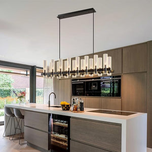 English Elm Black Linear Chandelier 12 Light Seeded Glass Farmhouse Fixture for Dining Rooms W5008P392744