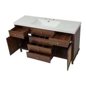 English Elm 60" Boutique Bathroom Vanity Rattan Doors Soft Close Drawers Smc Sink Pine Legs Brown N817P397678B