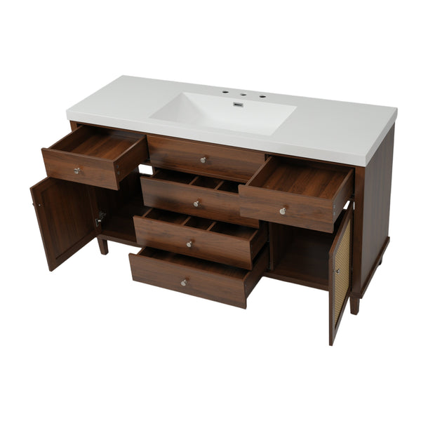 English Elm 60" Boutique Bathroom Vanity Rattan Doors Soft Close Drawers Smc Sink Pine Legs Brown N817P397678B