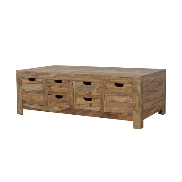 English Elm Salishan Sheesham 6-Drawer Coffee Table with Natural Grain, Warm Rustic Finish, Modern Cut-Out Handles and Ample Storage B062P331096