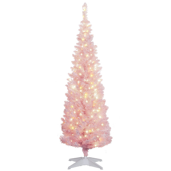 English Elm Pink Flocked Pencil Christmas Tree with Warm White Led Lights for Small Spaces T3971P400682