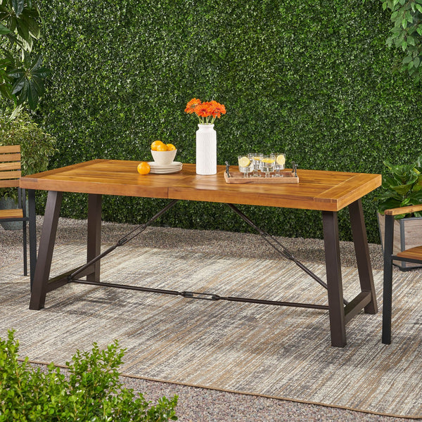 English Elm Outdoor Acacia Wood Slatted Dining Table Seats Six with Iron Base for Patio 57239.00