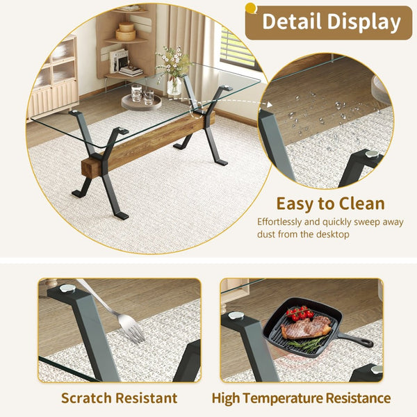 English Elm Table 9-Piece Modern Dining Set With Glass Top, X-Shaped Metal Legs & Comfortable Gray Chairs W1151S03605-GIGA