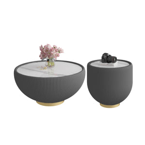 English Elm Light Round Sintered Stone Coffee Table with Leather Base and Brass Accents Modern W3081P309607
