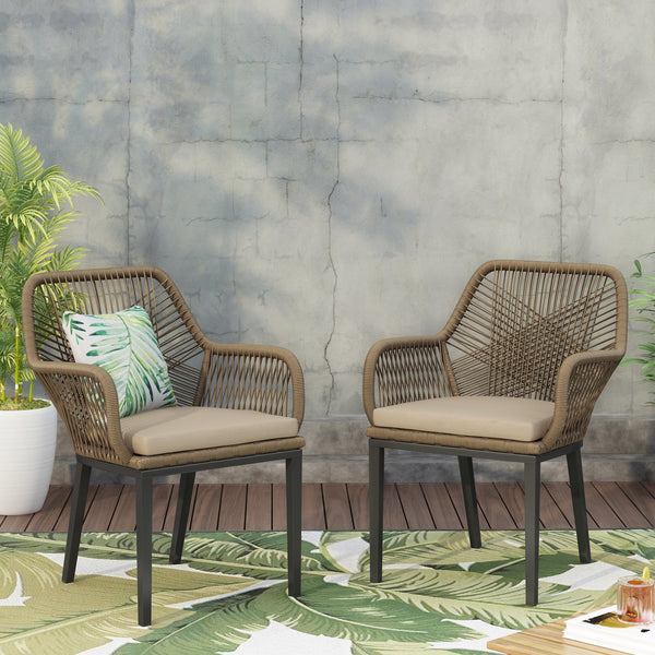 English Elm Outdoor Wicker Patio Chairs Set of 2 with Iron Frame for Deck or Garden Lounging N769P334783A