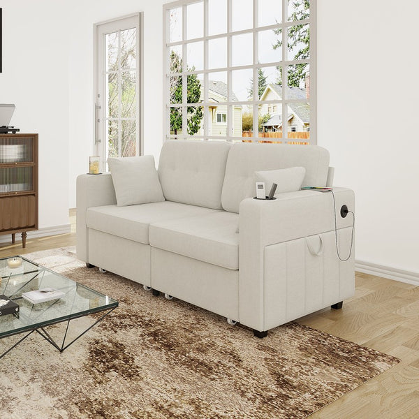 English Elm Sofas for Living Room Chenille Three Seat Couch with Usb Charging Storage and Cup Holder Beige W395S00142