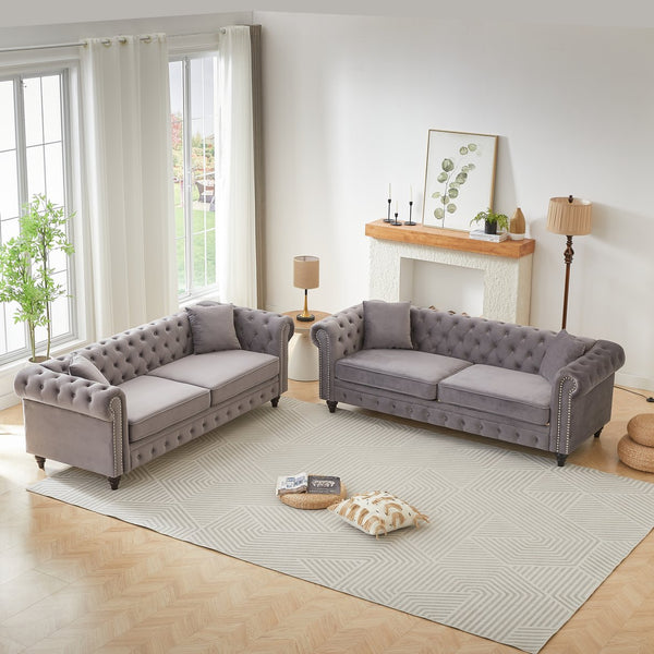 English Elm Fx Modular Six Seat Chenille Sectional Sofa with Gold Legs and Tufted Detail Grey W1926S00119