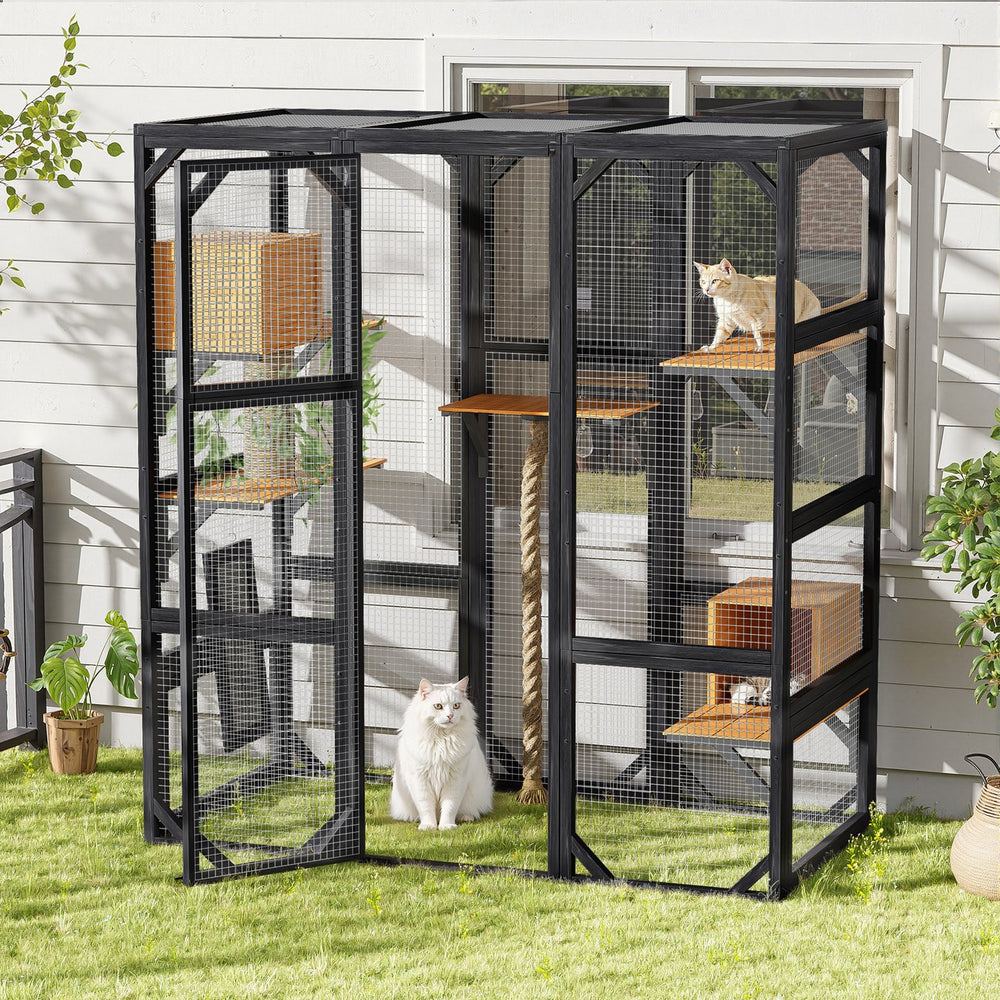 English Elm Outdoor Pine Wood Catio Enclosure with Platforms Condos and Walk-in Access for Cats N719P283198B