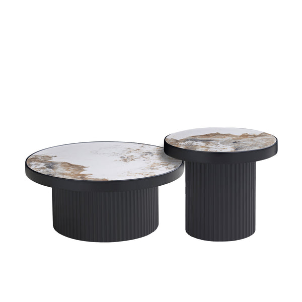 English Elm Coffee Table Nesting Set Round Mdf Pair Walnut Finish for Modern Living Rooms W876S00336