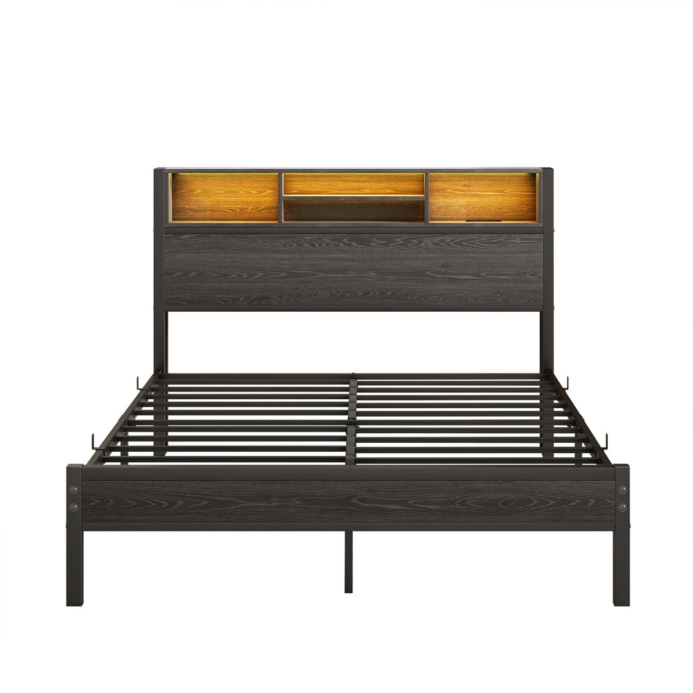 English Elm Full Size Metal Bed Frame with RGB Headboard, USB Charging, 10.6" Under-Storage, Quiet Assembly W840P201068