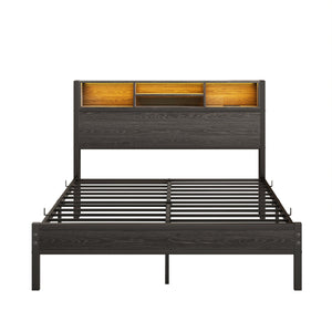 English Elm Full Size Metal Bed Frame with RGB Headboard, USB Charging, 10.6" Under-Storage, Quiet Assembly W840P201068