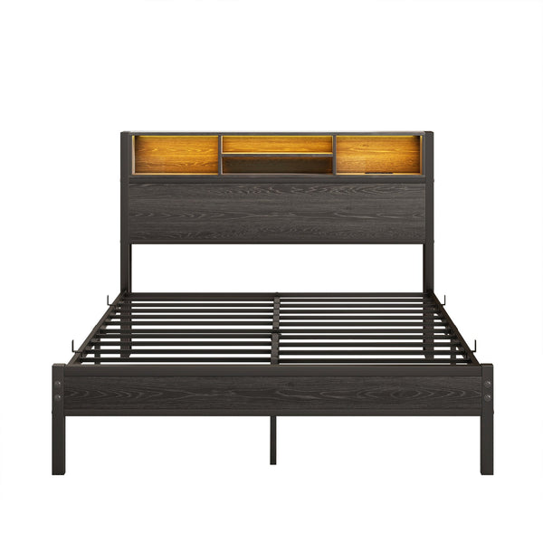 English Elm Full Size Metal Bed Frame with RGB Headboard, USB Charging, 10.6" Under-Storage, Quiet Assembly W840P201068