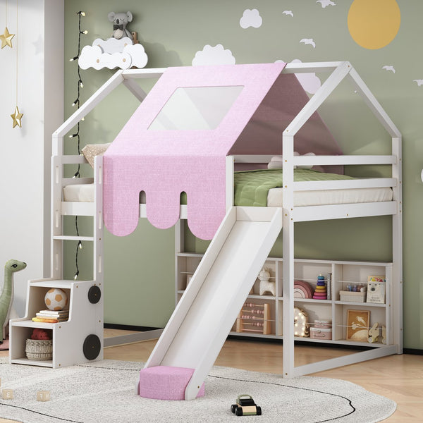 English Elm Full Size Kids House Loft Bed Pinewood Frame with Tent Slide and Play Storage White LT000683AAK