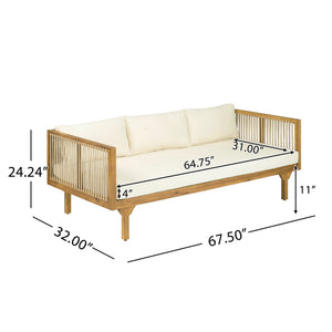 English Elm Outdoor Acacia Wood Sofa with Woven Rope Accents Teak Finish Patio Seating Light Brown,Teak+ Beige N770P354675B