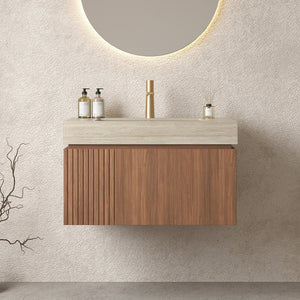 English Elm MURI Luxury Wall-Mounted 30" Bathroom Vanity with Sintered Stone Countertop and Ceramic Basin, Plywood Cabinet Beige,Brown Oak W2615S00333