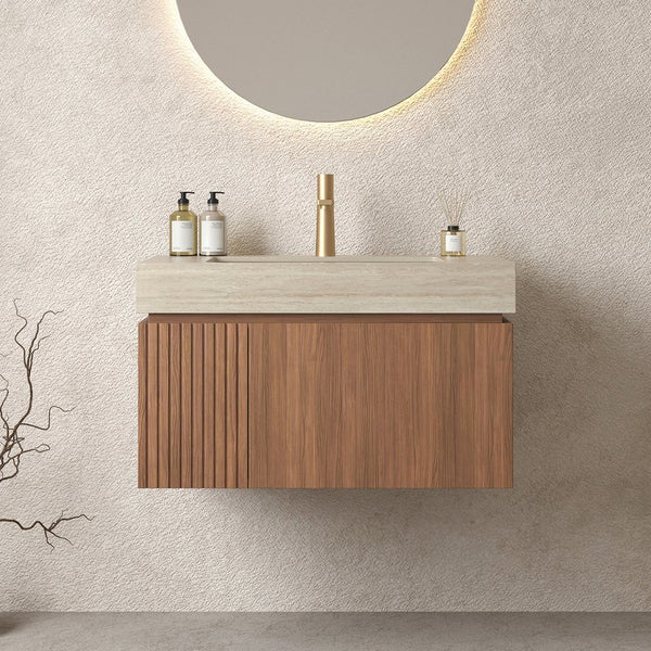 English Elm MURI Luxury Wall-Mounted 30" Bathroom Vanity with Sintered Stone Countertop and Ceramic Basin, Plywood Cabinet Beige,Brown Oak W2615S00333