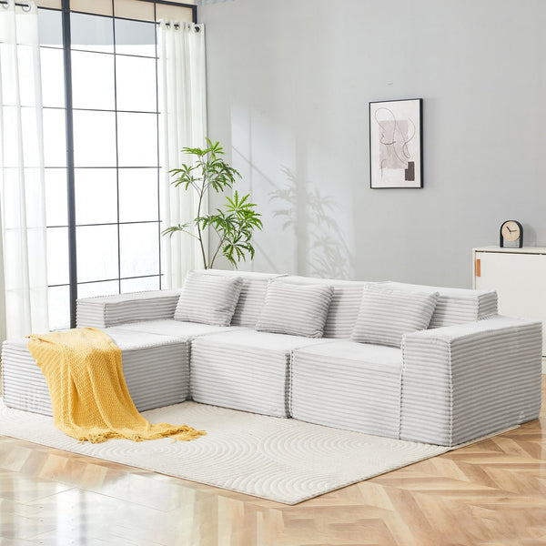 English Elm L-shaped Corduroy Sectional with Ottoman Three Seat Modular Sofa for Modern Living Light Gray W2699S00081
