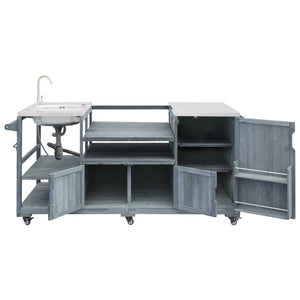 English Elm K&k Solid Fir Outdoor Kitchen Island with Sink Stainless Steel Top and Grill Cutout Grey+Blue N707S000022G