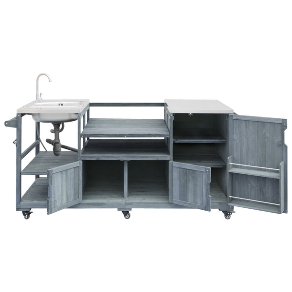 English Elm K&k Solid Fir Outdoor Kitchen Island with Sink Stainless Steel Top and Grill Cutout Grey+Blue N707S000022G