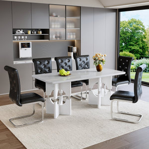 English Elm Modern White Faux Marble 7 Piece Dining Set Tufted Pvc Chairs for Kitchen Black,White W3875S00082