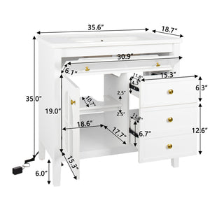 English Elm 35.6" Freestanding Bathroom Vanity with Roman Column Base and Ceramic Integrated Sink White W1801S00011