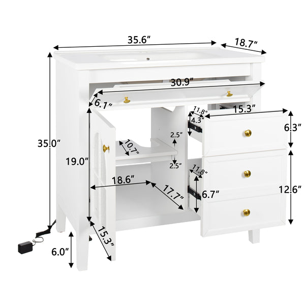 English Elm 35.6" Freestanding Bathroom Vanity with Roman Column Base and Ceramic Integrated Sink White W1801S00011